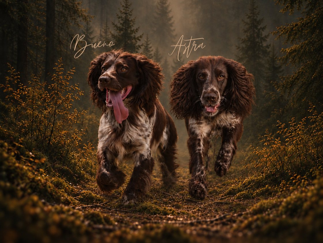 Bueno and Astra running through the forest